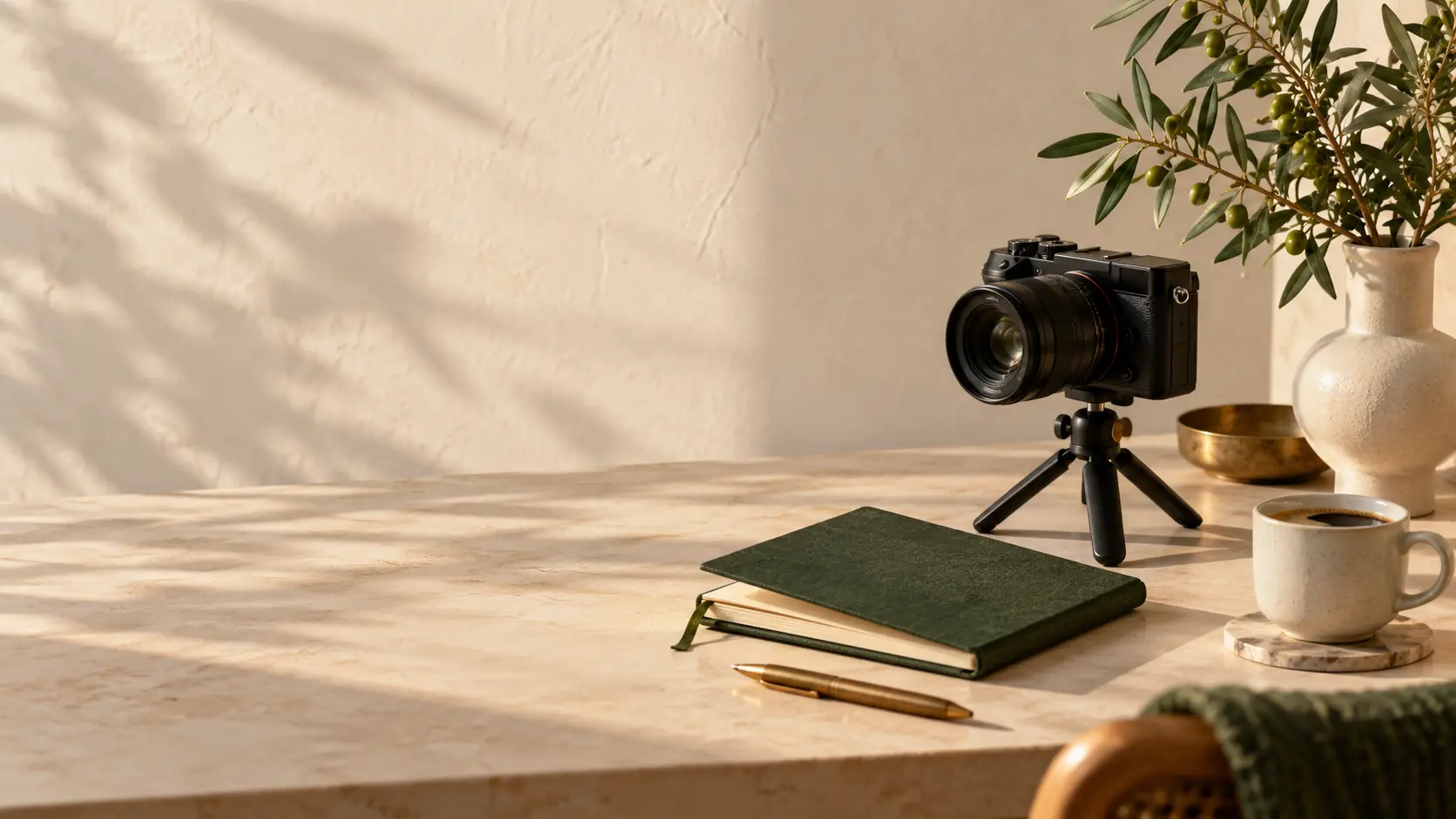 A camera, green notebook, brass pen and coffee on a sunlit creator’s desk